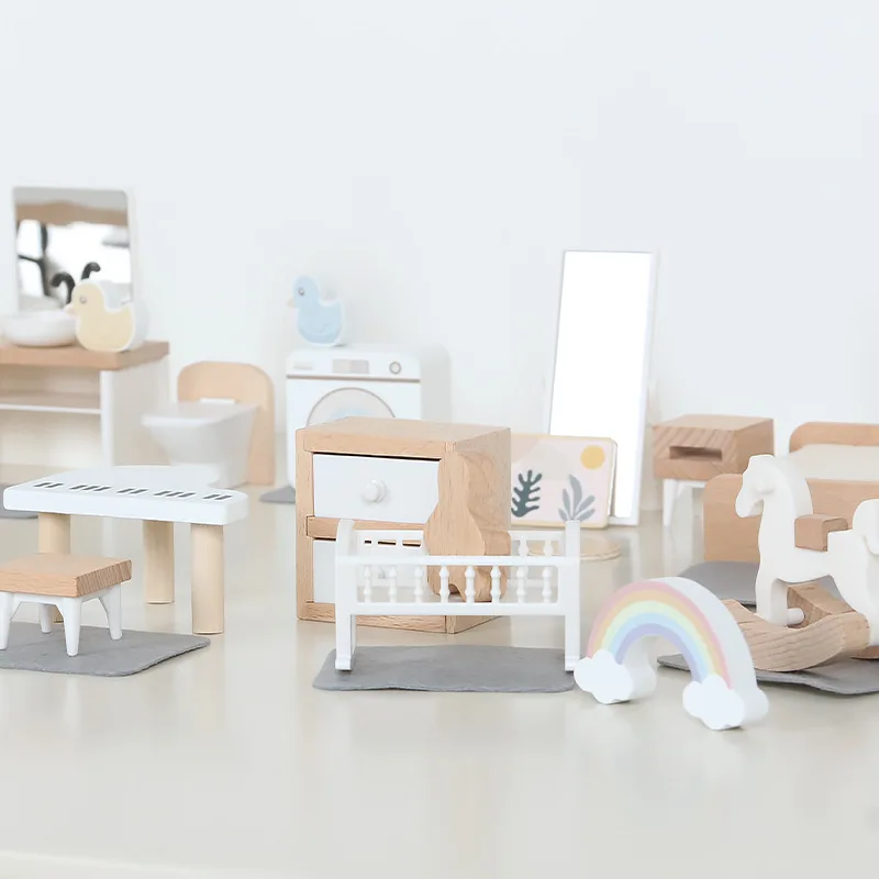 Moderne Puppenhausmöbel Küche Holz Miniatur Badezimmer Schlafzimmer Puppenhaus Küchenartikel Tisch und Stühle Babyzubehör