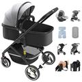 Baby Pram Pushchair Buggy Stroller 3 in 1 ​Travel System with car seat Warm Foot Cover Mosquito Net Rain Cover Cold mat Cotton pad Hand Wrist Strap Milk Cup Holder 8 Gift (Grey)