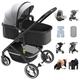 Baby Pram Pushchair Buggy Stroller 3 in 1 ​Travel System with car seat Warm Foot Cover Mosquito Net Rain Cover Cold mat Cotton pad Hand Wrist Strap Milk Cup Holder 8 Gift (Grey)