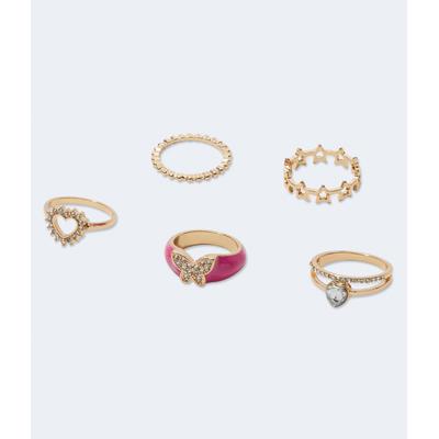 Aeropostale Womens' Rhinestone Butterfly Ring 5-Pack - Gold - Size XS/S - Metal