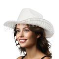Botten Women Fringe-Rhinestone Western-Cowgirl-Hat Tassel-Decor Cowboy-Fedora-Bride Hat for Wedding Music Festival Party, White, One Size
