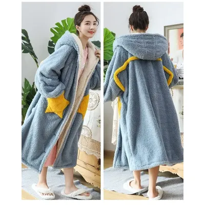 Women Fleece Hooded Bathrobe Women's Princess Robe Ankle Lightweight Cotton Soft Fluffy Warm Sherpa Shaggy Kimono Bride