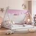 Wooden Full Size Tent Bed with Fabric for Kids,Platform Bed with Fence and Roof, White+Pink