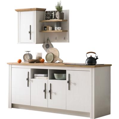 Küche KOCHSTATION "KS-Westminster", weiß (front: pinie weiß, korpus: pinie weiß, arbeitsplatte: eiche wotanfarben), B:204cm T:60cm, Komplettküchen-Sets, Breite 204 cm, ohne E-Geräte Image