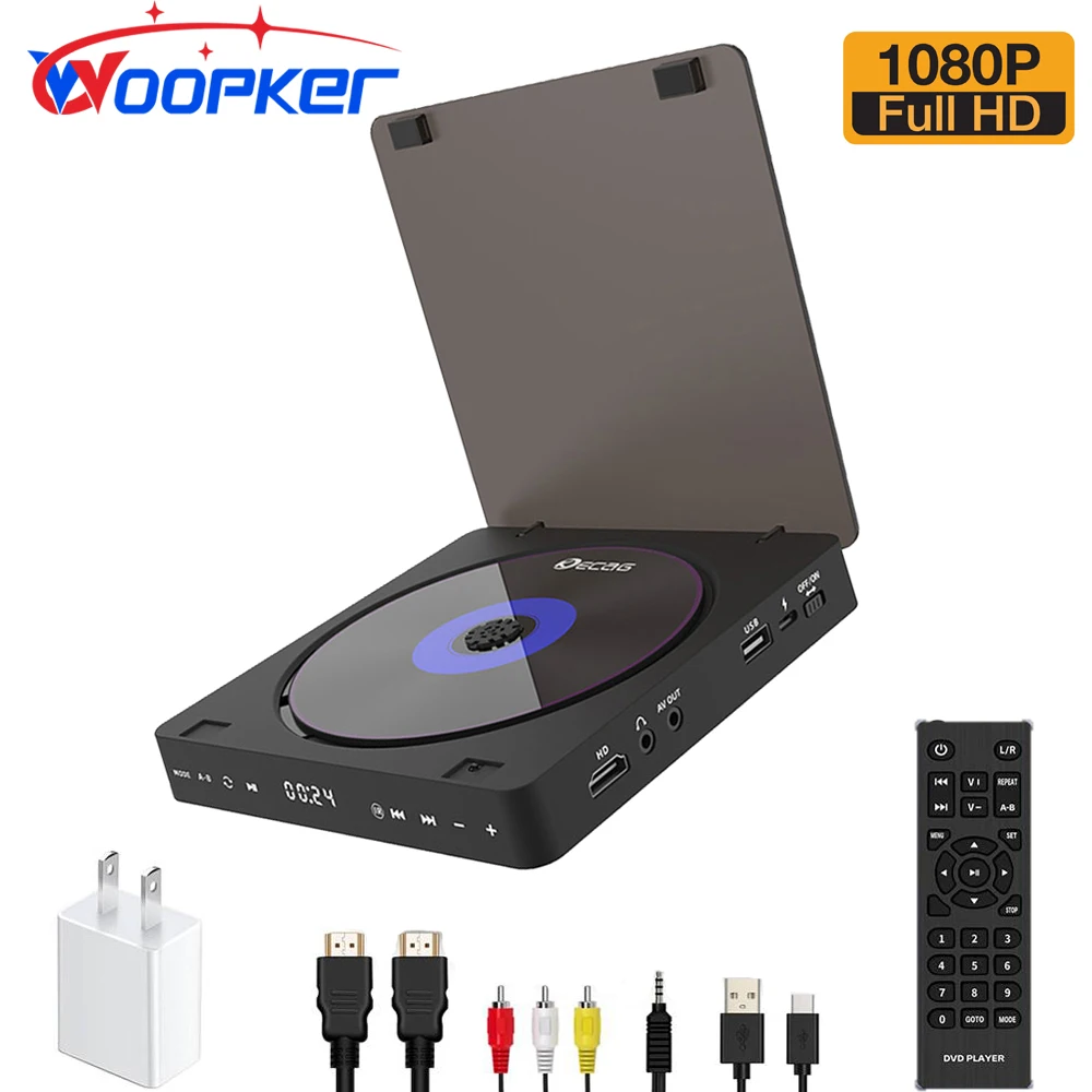 Lettore DVD Woopker, lettore HD, connessione HDMI AV con ingresso USB, uscita cuffie, schermo LED touch, HD 1080P, Type-C 5V / 2A