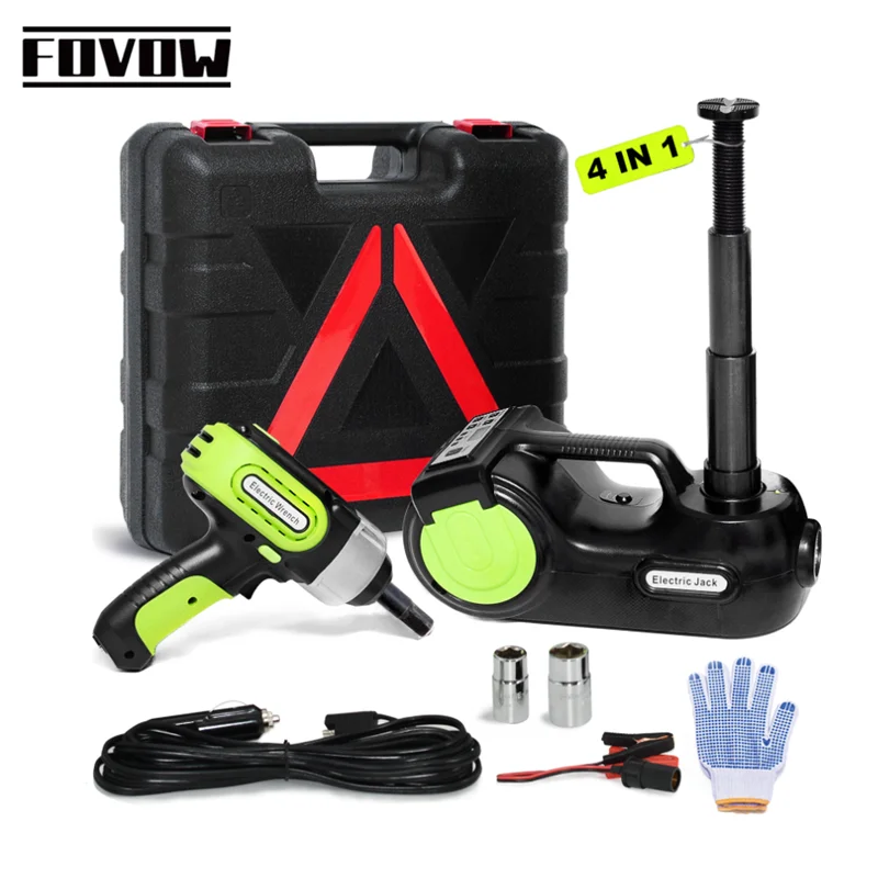 FOVOW 12V Cric per auto elettrica 5 tonnellate 4 in 1 Martinetto idraulico elettrico 155-450/530mm con compressore per avvitatore a percussione Luce a LED