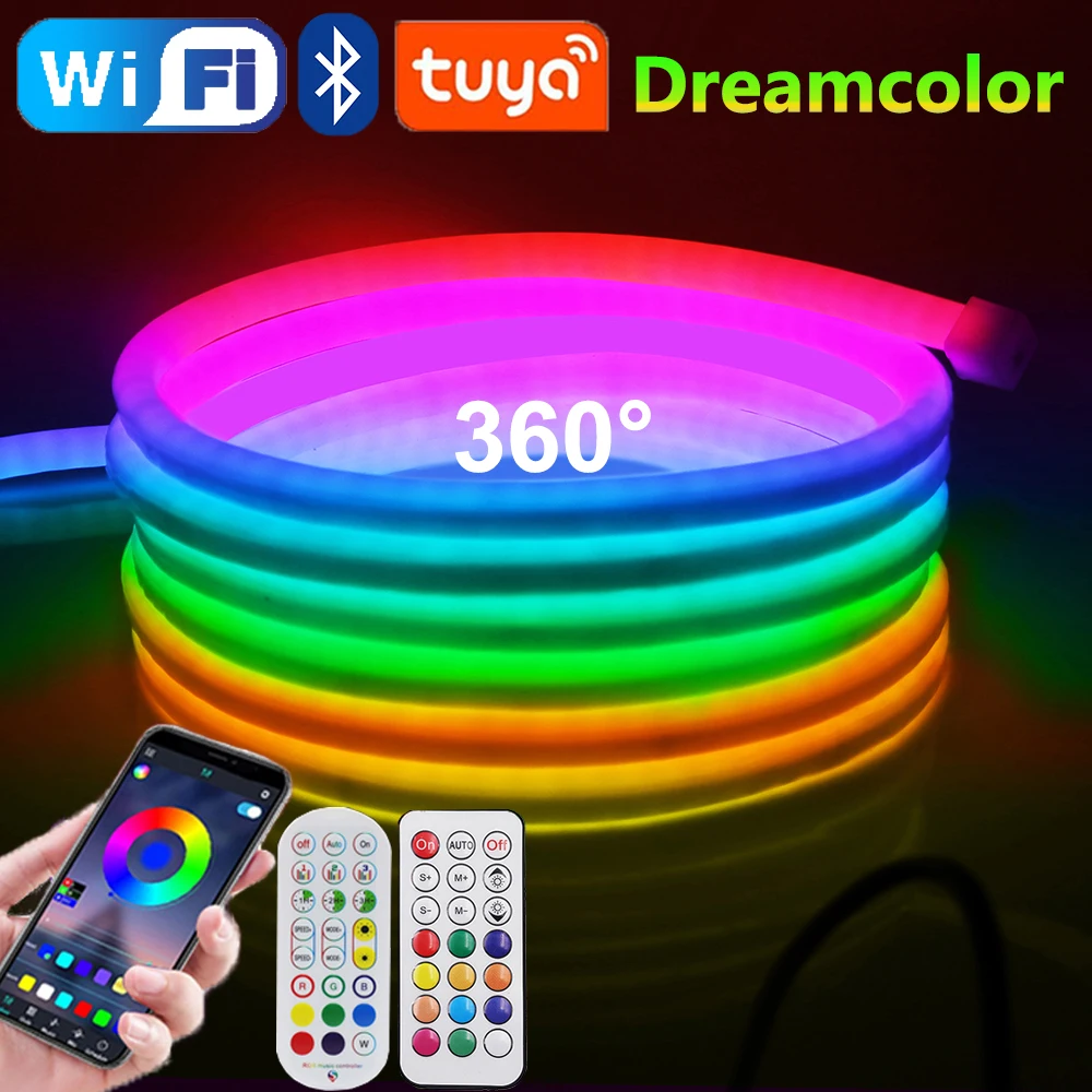 WS2811 Traumfarbe, rund, Neon-LED-Streifen, 24 V, 120 LEDs/m, Tuya WiFi, Bluetooth-Steuerung, Neon-Lichtschlauch, wasserdicht, Urlaubsdekoration