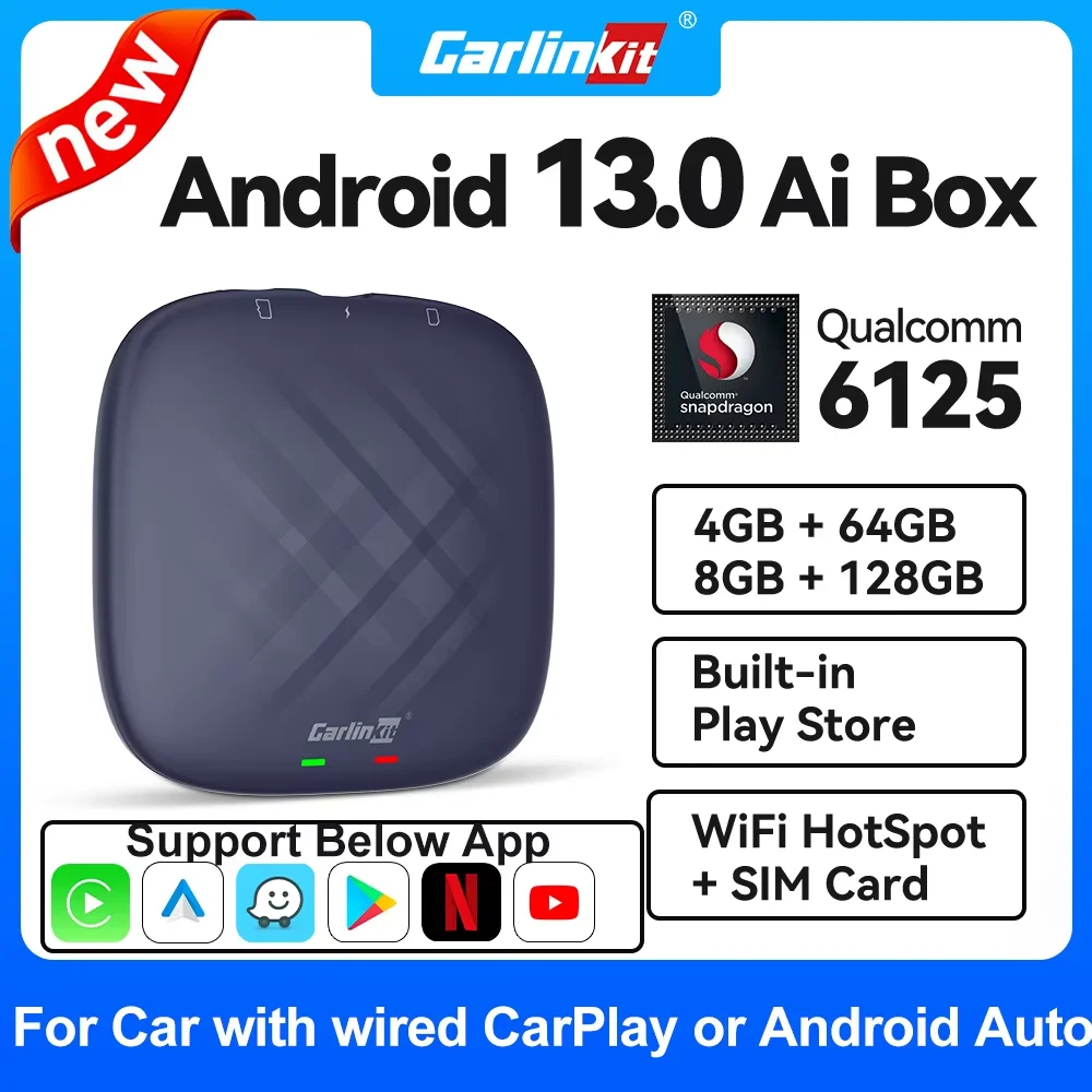 2026 NEUE CarlinKit CarPlay Ai Box Qualcomm QCM6125 SM6225 8-Core CPU Android 13 Drahtlose Carplay Android auto GPS 4G LTE Für Wired CarPlay Auto Image