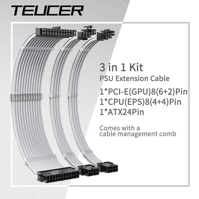 TEUCER 30cm PSU Extension Cable 3 in 1 Kit Motherboard ATX 24Pin GPU PCI-E 6+2Pin 8Pin CPU EPS