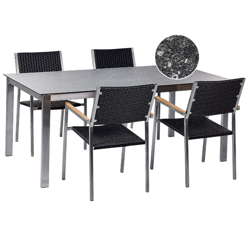 Gartenmöbel Set 7-Teilig Schwarz Edelstahl 4 Stühle Rattan Tisch 180x90cm Sicherheitsglas Keramik Gartenausstattung Terrasse Outdoor Indoor