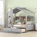 Twin Size House Kid Bed,Solid Wood Platform Bed with Storage Drawers and Shelves,Grey
