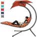 Outdoor Hanging Curved Steel Chaise Lounge Chair Swing w/Built-in Pillow and Removable Canopy Orange