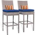 Outdoor Bar Stools Set of 2 2 Piece Woven Wicker Bar Stools Patio Bar Chairs with Pillow & Navy Blue Cushion All-Weather Outdoor Patio Furniture - Steel Grey