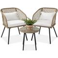 3-Piece Outdoor Wicker Bistro Set Patio Dining Conversation Furniture for Backyard Balcony Porch w/Diamond Weave Design Tempered Glass Side Table 2 Chairs - Ivory