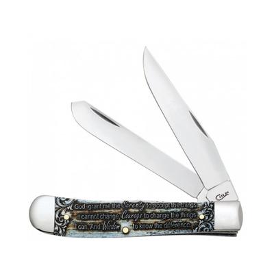 Case&Sons Cutlery Co Embellished Trapper Folding Knive in Velvet Box Serenity Prayer Surgical Steel Clip and Spey Blades Natural Bone Handle with Blue