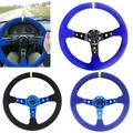 Volante OM-Sports 14 pollici Deep Corve Drifting in pelle scamosciata 350 mm Volante per auto con pulsante clacson 6 fori Nero Blu