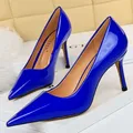 Donna 8.5cm tacchi alti scarpe décolleté Lady blu giallo argento pelle lucida Fetish Wedding Bridal