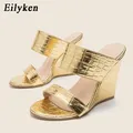 Eilyken pantofole da donna con zeppa in oro 2024 nuova moda estiva sandali con punta aperta da donna