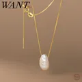 WANTME 925 Sterling Silver Irregular Natural Baroque Pearl Box Chain Charm Clavicle Necklace for