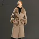 Women's Cashmere Wool Coat Spring Real Fox Fur Collar Woolen Trench Jacket Winter Adjustable Waist