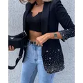 New Fashion Sequins Tailored Coat For Women Turn Down Long Sleeve Suit Jackets With Pockets Office