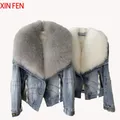 2023 Winter Women New Luxury Natural True Fox Fur Big Collar Goose Down Denim Down Jackets Short