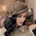 Women 100% Wool Felt Fedoras Winter Vintage Cloche Hat With Flower Up Turn Brim Bowler Pillbox Cap