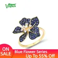 VISTOSO Pure 9K 375 Yellow Gold Rings For Women lab Created Sapphire White Topaz Blooming Flower