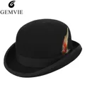 GEMVIE 4 Sizes 100% Wool Felt Black Derby Bowler Hat For Men Women Feather Satin Lining Casual