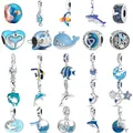 925 Sterling Silver Dolphins Seahorse Whale Sharks Tropical Fish Dangle Charm Blue Beads Fit Pandora