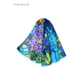 Bluish violet flower birds oil painting scarves women 100% natural silk twill 90*90 square scarf