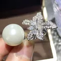 Huitan Luxury Simulated Pearl Ring Sparkling Flower with CZ New Fashion Women Opening Adjustable