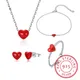 925 Sterling Silver Fine Jewelry Set Cute Red Love Heart Enamel Never Fade RI+BR+EA+NE For Women