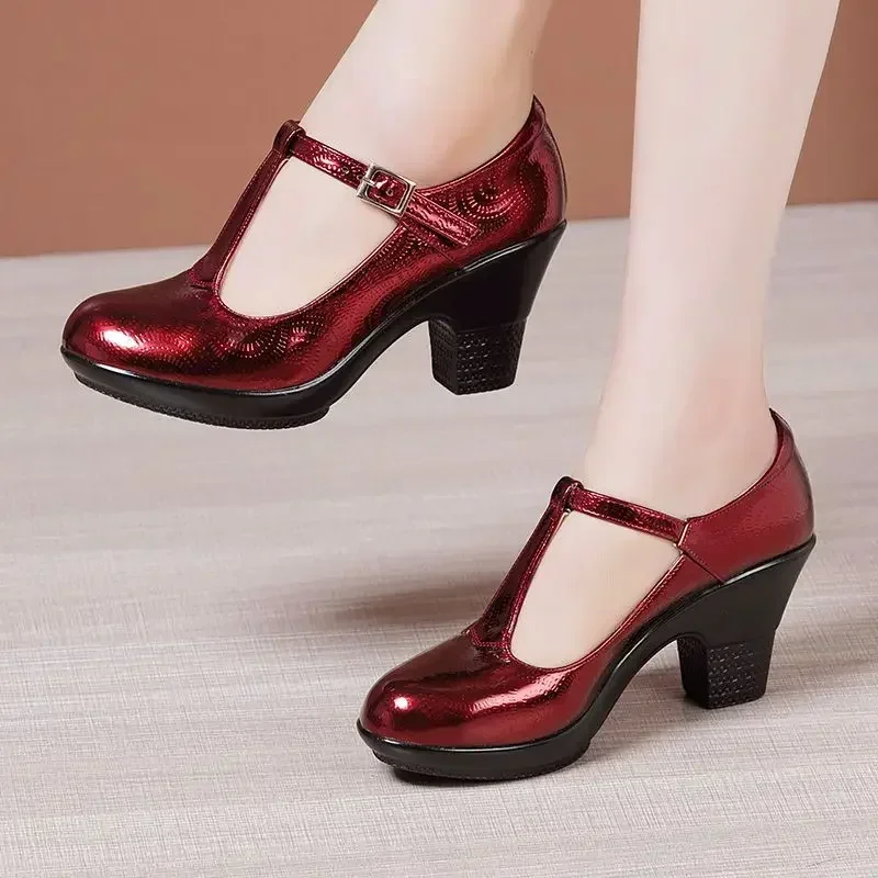 Small Size 32-43 Patent Leather Shoes Women Mary Janes Spring 2025 T Stap Platform Pumps Block High Heels for Office Mom Dance