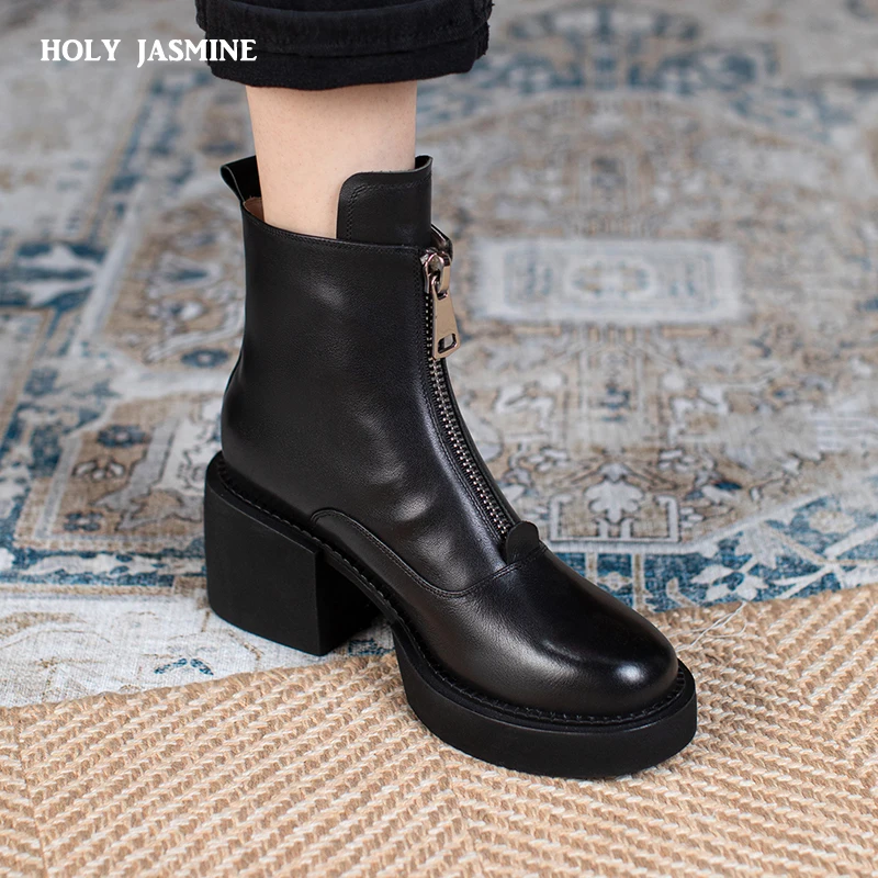 Retro Mature Female Concise Women Ankle Boots Genuine Leather Thick Heels Winter Front Zipper Office Shoes Woman Platform Boots