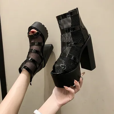 Black 14CM High Heels Sandals Gothic Peep Toe ZIpper Ankle Boots Women Breathable Mesh Summer Shopping