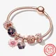 Exquisite 925 Sterling Silver Pink Flower Clip Deep Purple Pansy Pendant Rose Gold Bracelet Set Girl