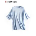 SuyaDream Woman Summer BF Tee Silk Cotton Blend Oversize Solid Cosy T Shirts 2022 Candy Colors Top