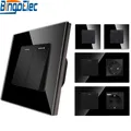 Light Switch LED Indicator black Crystal Glass Panel 1/2/3Gang Wall Push Button switch EU Socket