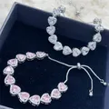 Fashion White Pink Heart Women Sterling Silver Bracelets Bangles for Girl Shinny Cut CZ Bridal