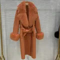 2023 double breasted Belt Outerwear Cuff new Long Women Wool Cashmere Blended Coat Real Fox Fur