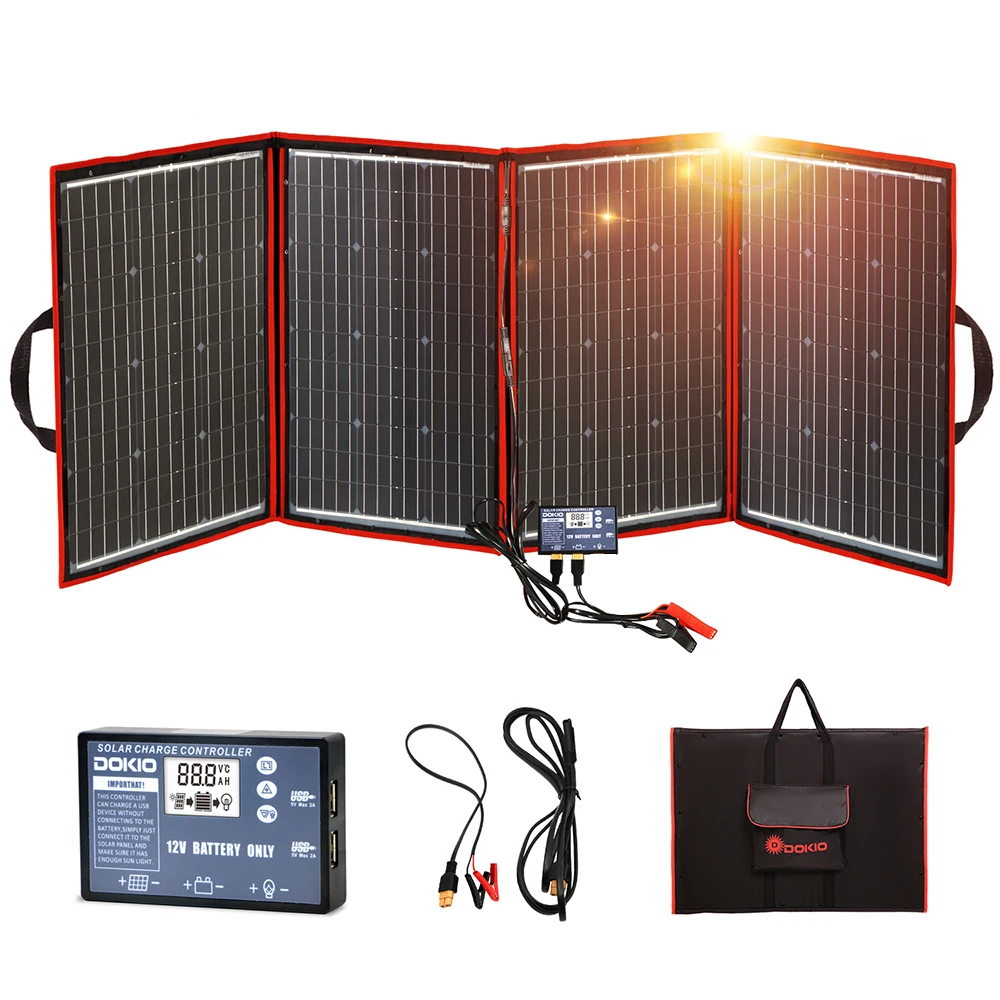 DOKIO Solar Panel Faltbar Solarpaneele 18V Solarpanel Flexible Solar Panels PV Modul Solarzelle 195W & 12V Solar Ladegerät Mit 5V USB Für Camping/Wohnmobil/Home/Power Bank/Battery Photovoltaik Anlage Image
