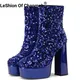 LeShion Of Chanmeb Gothic Chunky Platform Super High-heeled Boots Women Gold Blue Sequined Cloth