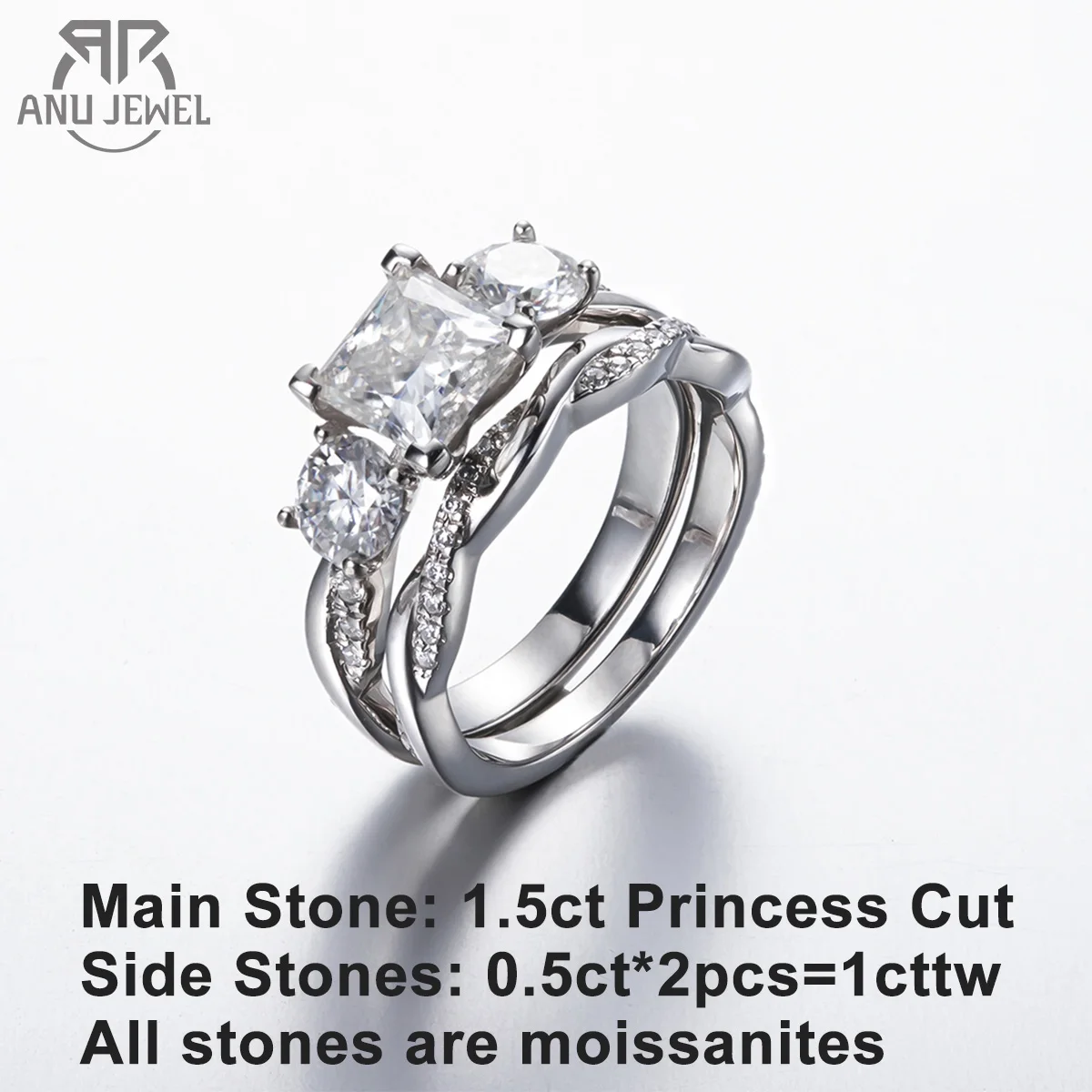 AnuJewel 1.5ct Princess Cut Center Moissanite Bridal Rings Set 925 Sterling Silver Engagement Wedding Band Rings Wholesale
