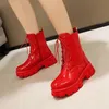 Frauen Stiefel Patent Leder Plattform Schuhe Marke Knöchel Mode High Heel Stiefel Frauen Herbst Winter Warme Plattform Stiefel Schwarz Rot