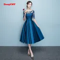 Dongcmy kurze dunkelblaue Farbe Spitze Robe Satin Ballkleid elegante Party Frauen Midi Roben de