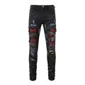 Herren Kristall Stretch-Denim Skinny Jeans Gemalt Löcher Ripped Verjüngt Hosen Street Patchwork