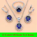 2021 New 925 Silver Wedding Jewelry Sets Blue Sapphire Earrings Necklace Adjustable Ring Set Women