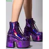 Glänzende lila Stiefeletten Damen Neuankömmling Plattform runde Zehen klobige Ferse Kreuz gurte sexy Modenschau Party Schuhe