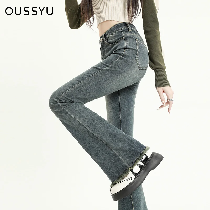 OUSSYU Sommer Ausgestellte Jeans Frauen Baumwolle Vintage Blau Denim Hosen Streetwear Elastische Hohe Taille Dünne Harajuku Hosen Image